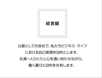 経営観　公器としての会社で、私たちビジネス・ライフにおける自己実現を目的とします。社員一人ひとりと心を通い合わせながら、働く喜びと目的を共有します。