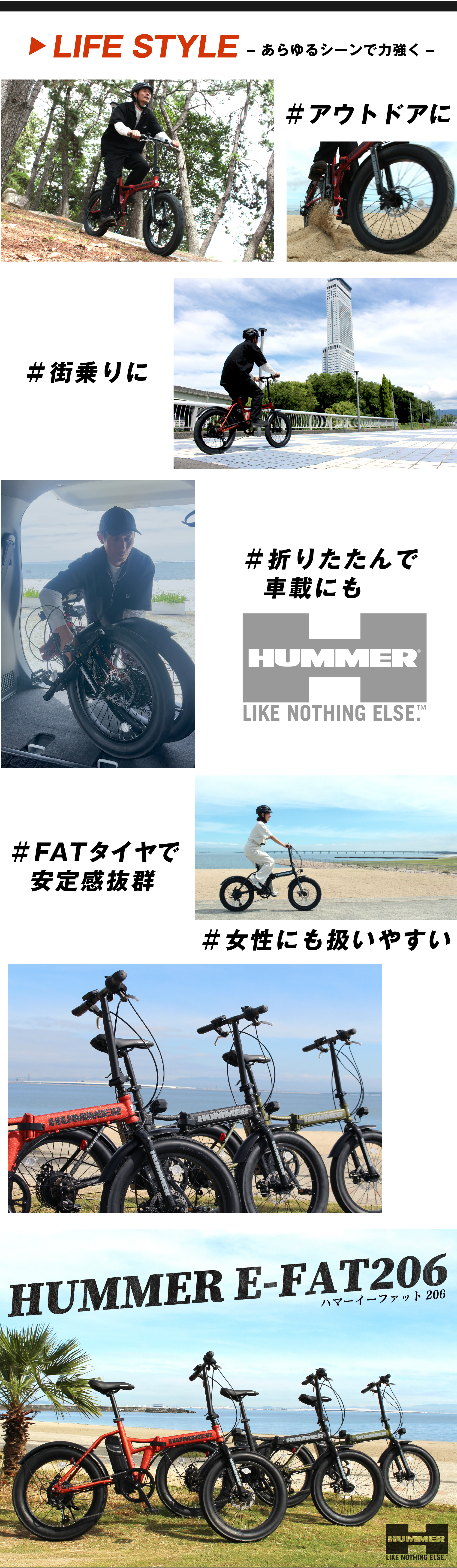 電動アシスト自転車 HUMMER E-FAT206 アウトドアに　街乗りに　折りたたんで車載にも　FATタイヤで安定感抜群　女性にも扱いやすい