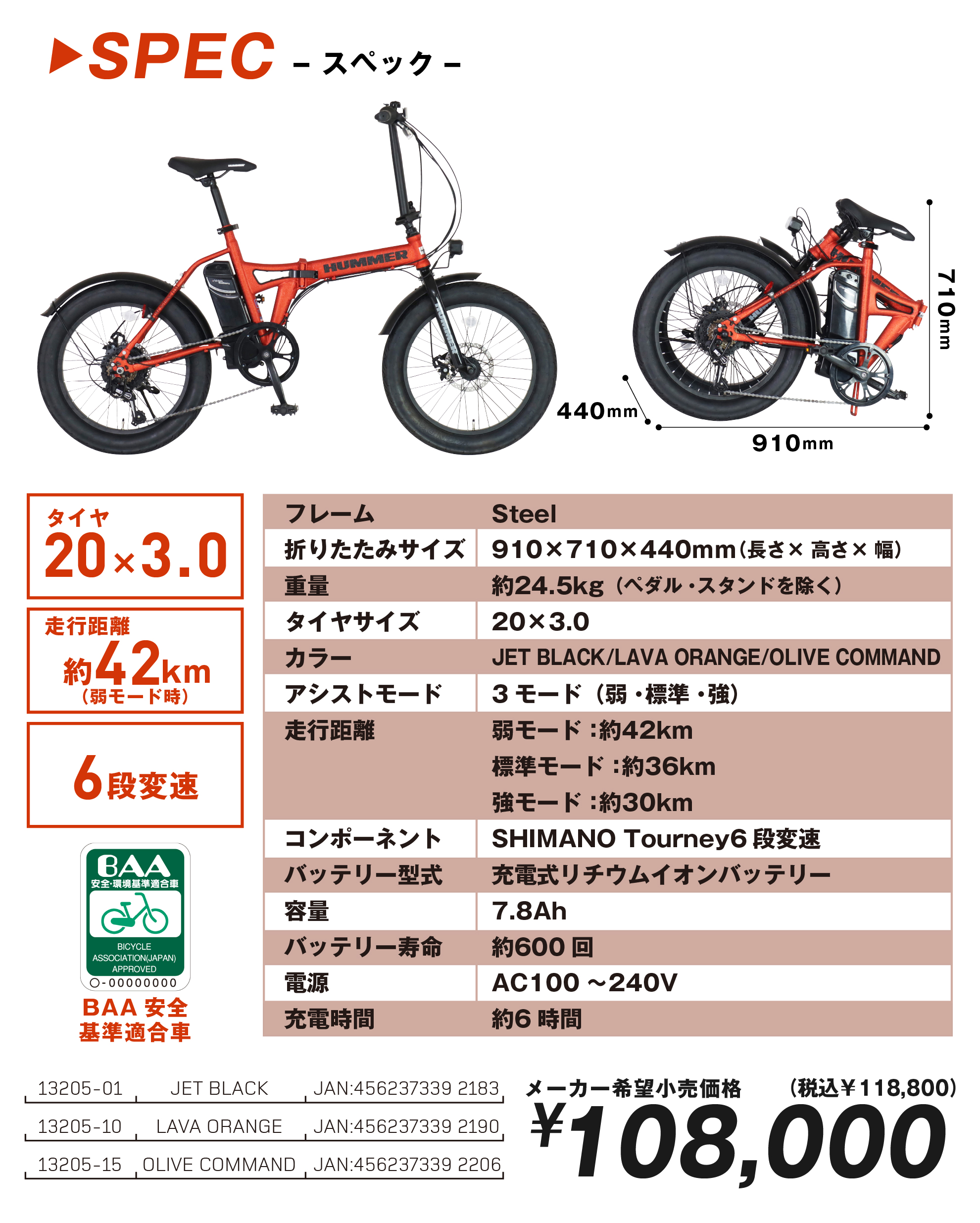 電動アシスト自転車 HUMMER E-FAT206 スペック