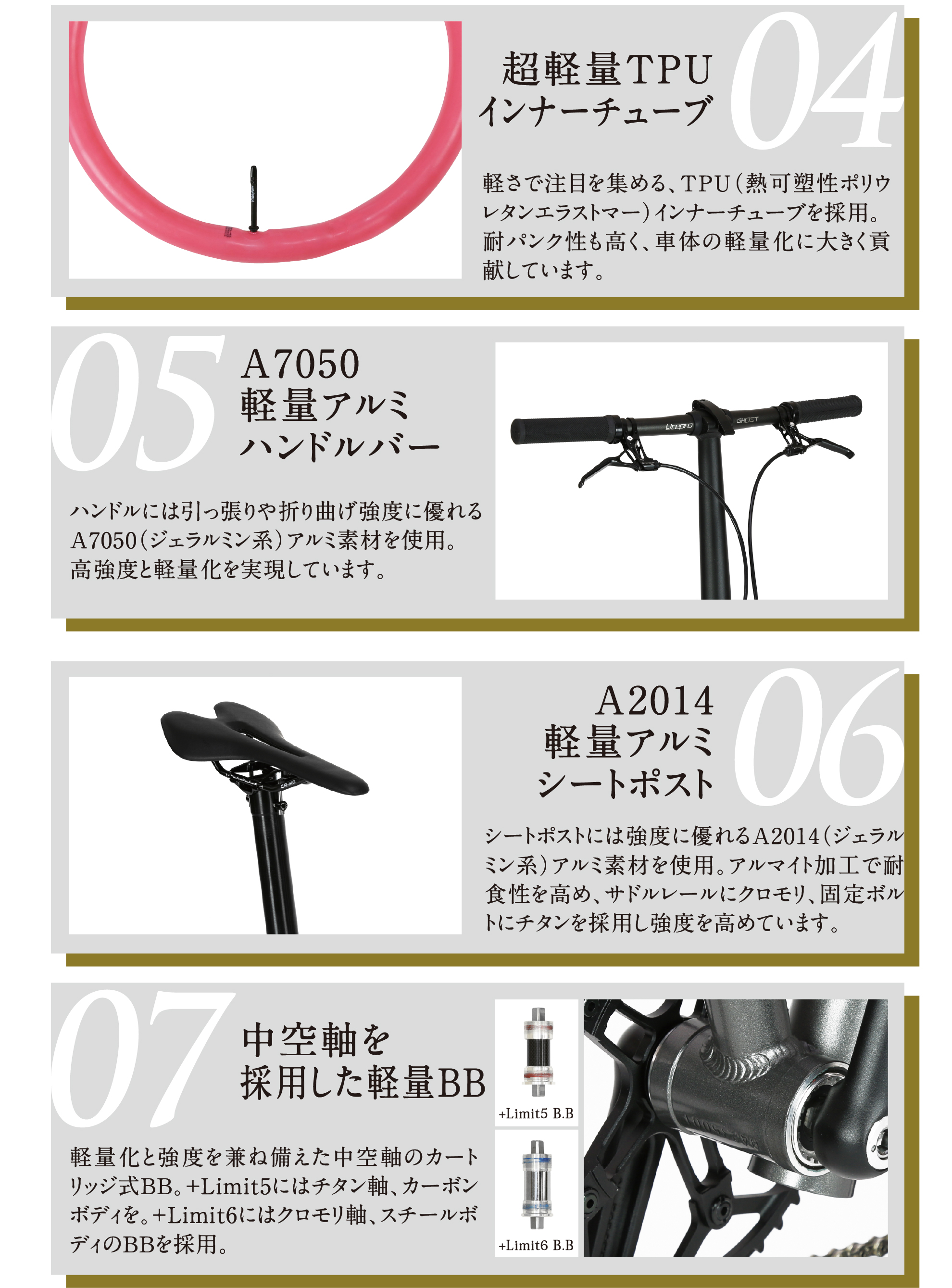 harryquinn +limit5 +limit6　超軽量TPUインナーチューブ　軽量アルミハンドルバー　軽量アルミシートポスト　中空軸軽量BB