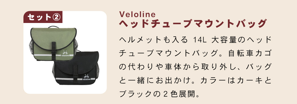 ヘッドチューブマウントバッグセット　14Lの大容量カラーはカーキとブラックの２色